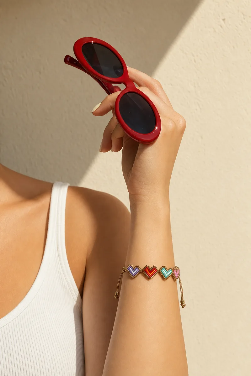 Pulsera Corazones Miyuki en la muñeca, con gafas rojas