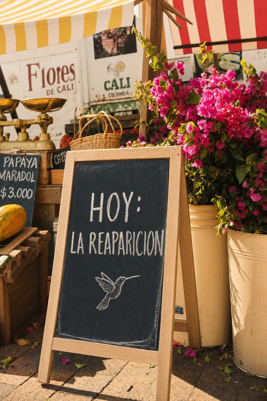 Pizarra de mercado escrita a mano: «Hoy: la reaparición», con un colibrí dibujado